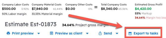 The "Export to tasks" button at the bottom of an estimate