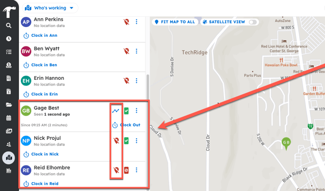 The "Who's working" map list, with the location status icon next to each employee