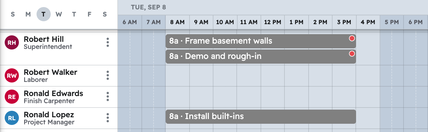 The schedule in projul for the week with first hall bath remodel task placed on a crew member day