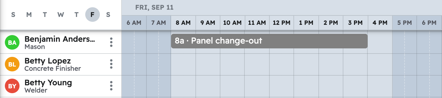 The schedule in projul for the week with first panel upgrade and ev charger task placed on a crew member day