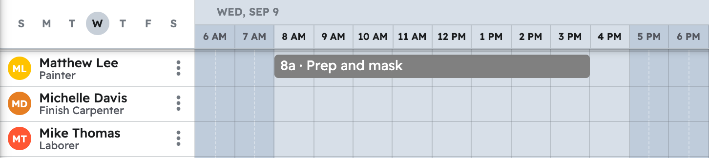 The schedule in projul for the week with first exterior repaint task placed on a crew member day