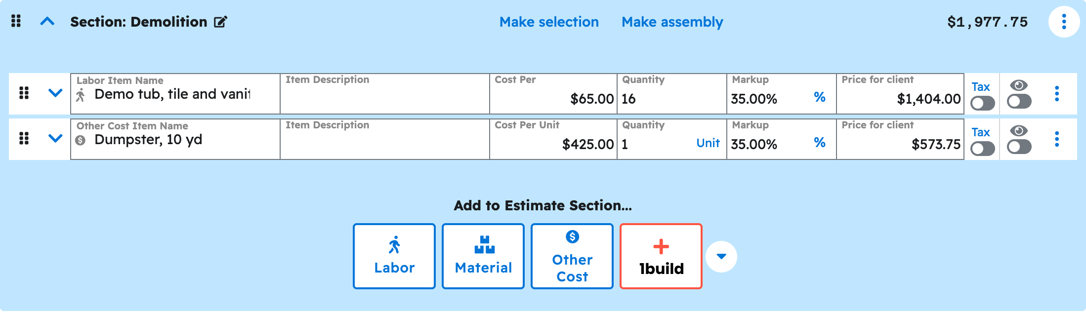 The estimate editor in Projul with the demolition section expanded showing the priced line items your ai added to hall bath remodel estimate