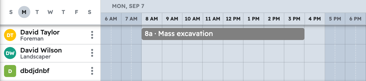 The schedule in projul for the week with first walkout basement dig task placed on a crew member day