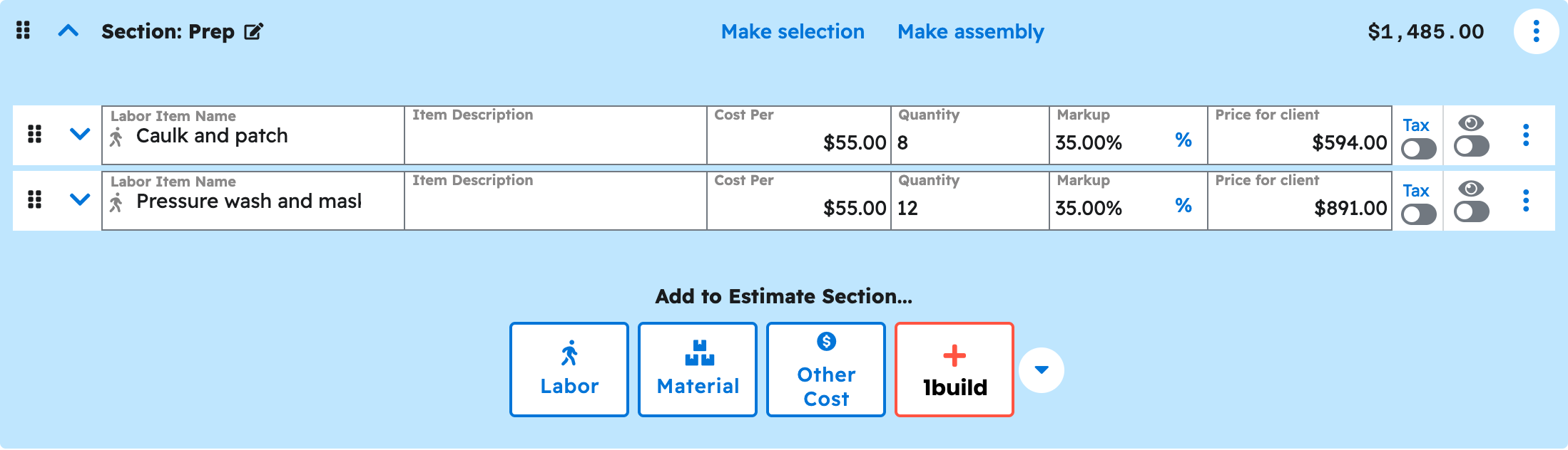 The estimate editor in Projul with the prep section expanded showing the priced line items your ai added to exterior repaint estimate