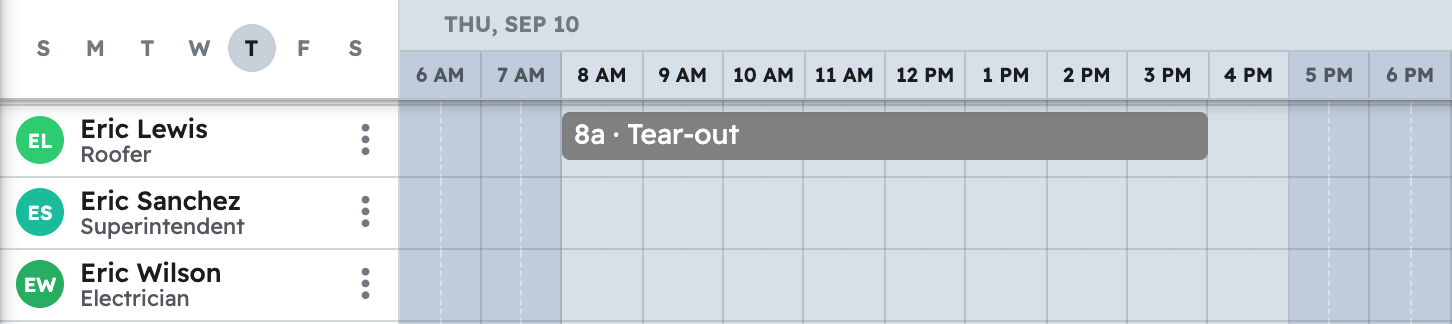 The schedule in projul for the week with first driveway replacement task placed on a crew member day