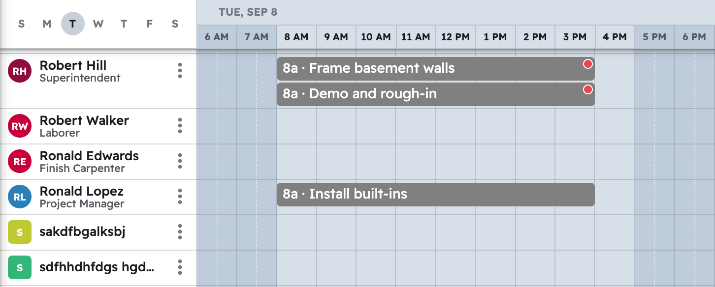 The schedule in projul for the week with first built-ins and trim package task placed on a crew member day