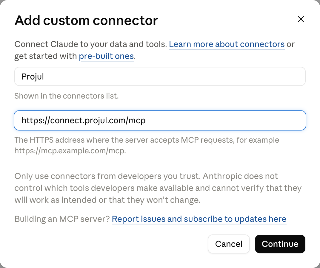 The Add custom connector window with the name Projul and the Projul AI Connect address filled in