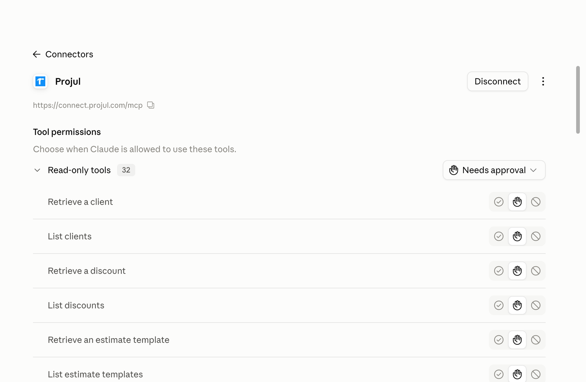 The Projul AI Connector page in Claude when connected, with the Disconnect button and tool permissions