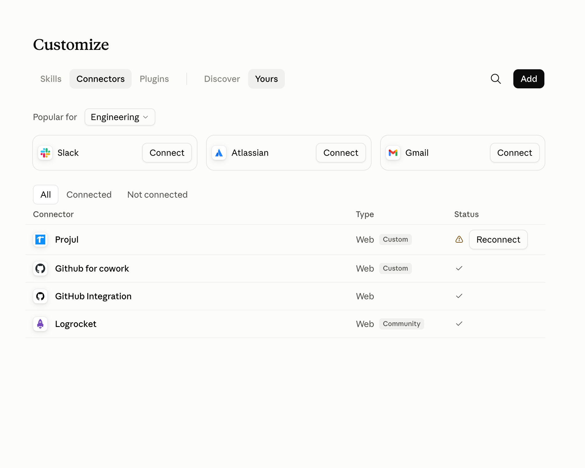 The Customize page in Claude on the Connectors tab, with the Add button in the top right corner