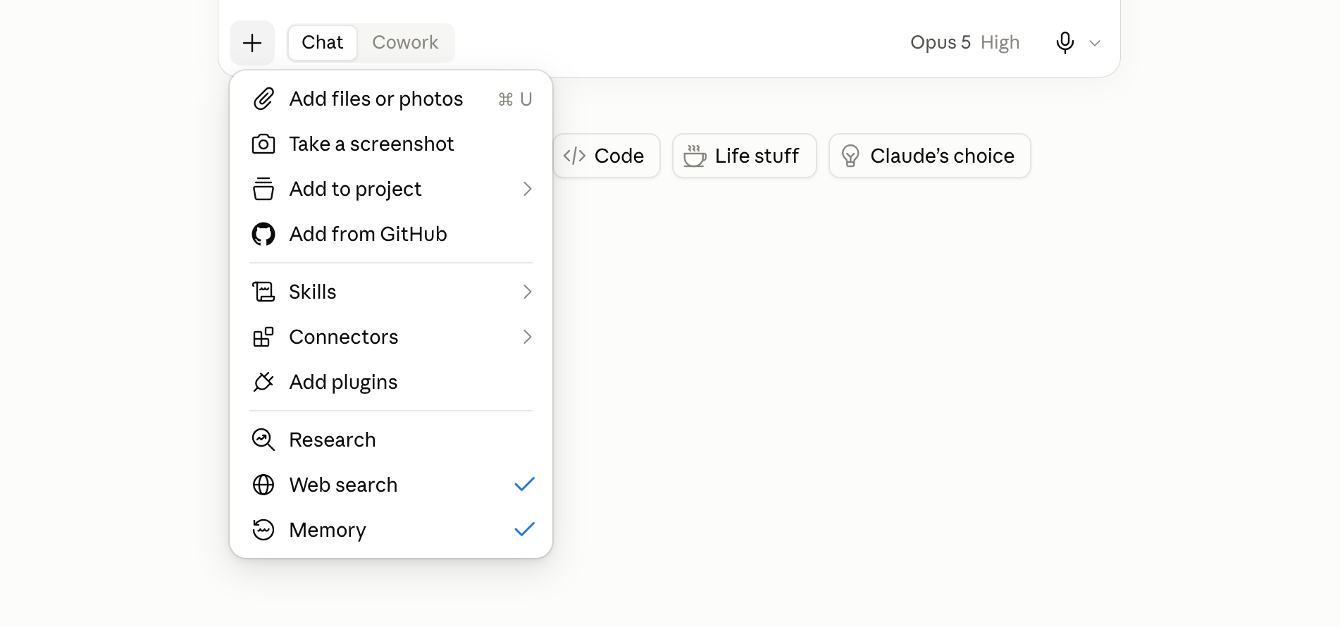 The plus menu in a Claude chat, with Connectors in the list