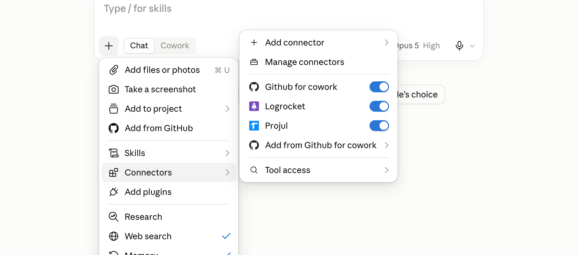 The Connectors list in a Claude chat, with the Projul switch turned on