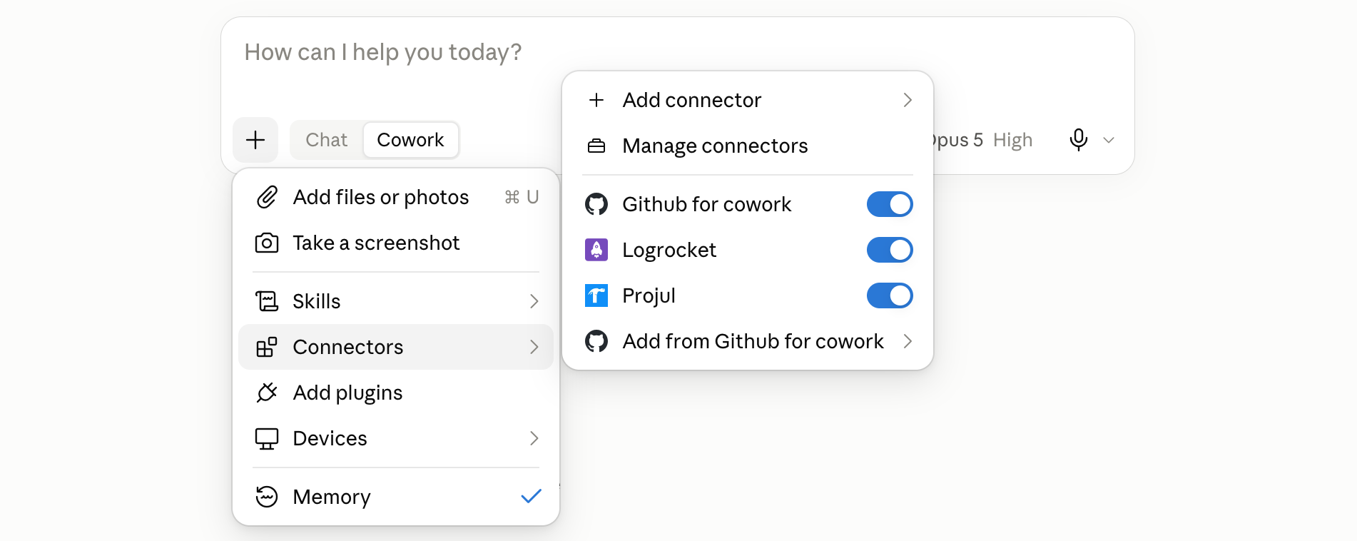 The plus menu in Cowork with the Connectors list open and the Projul switch turned on