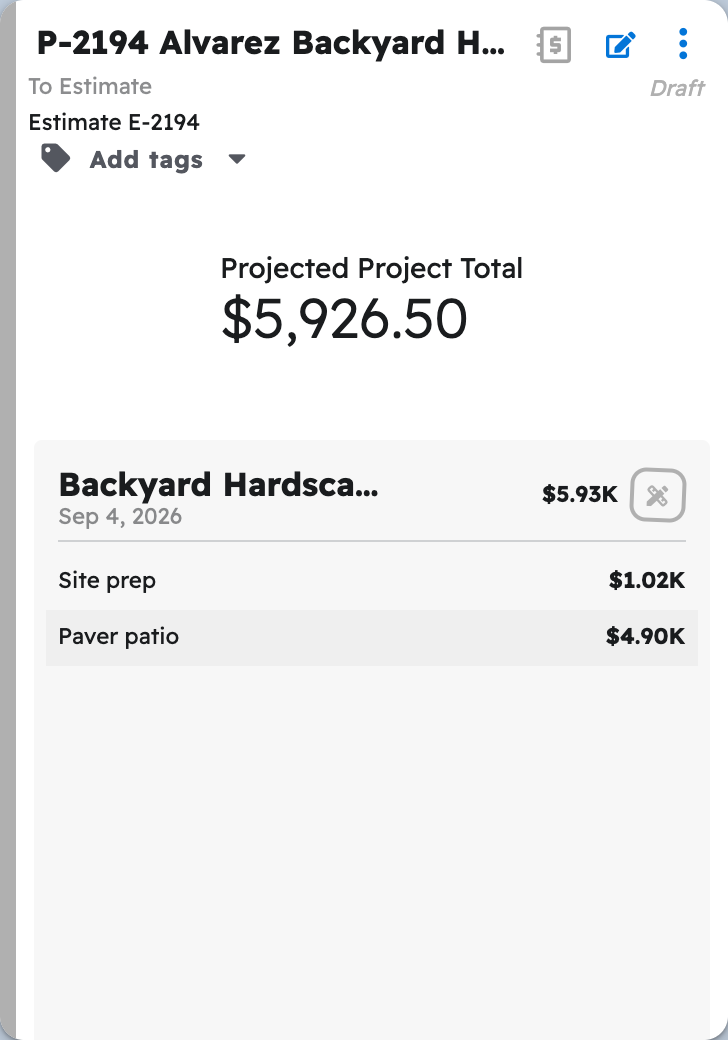 An estimate card on the Estimates page in Projul, marked Draft, with its sections and projected total