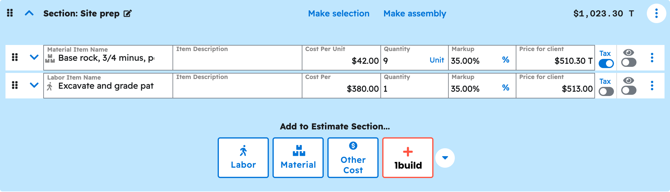 The estimate editor in Projul with a section expanded to show the priced line items your AI added