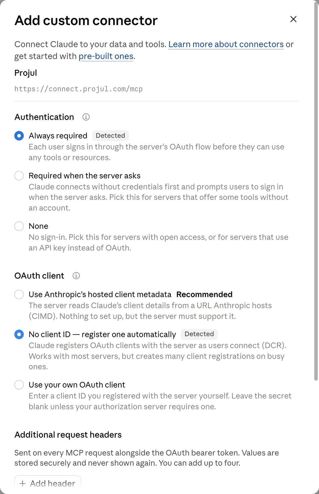 The second page of the Add custom connector window, with the authentication choices including and the header option