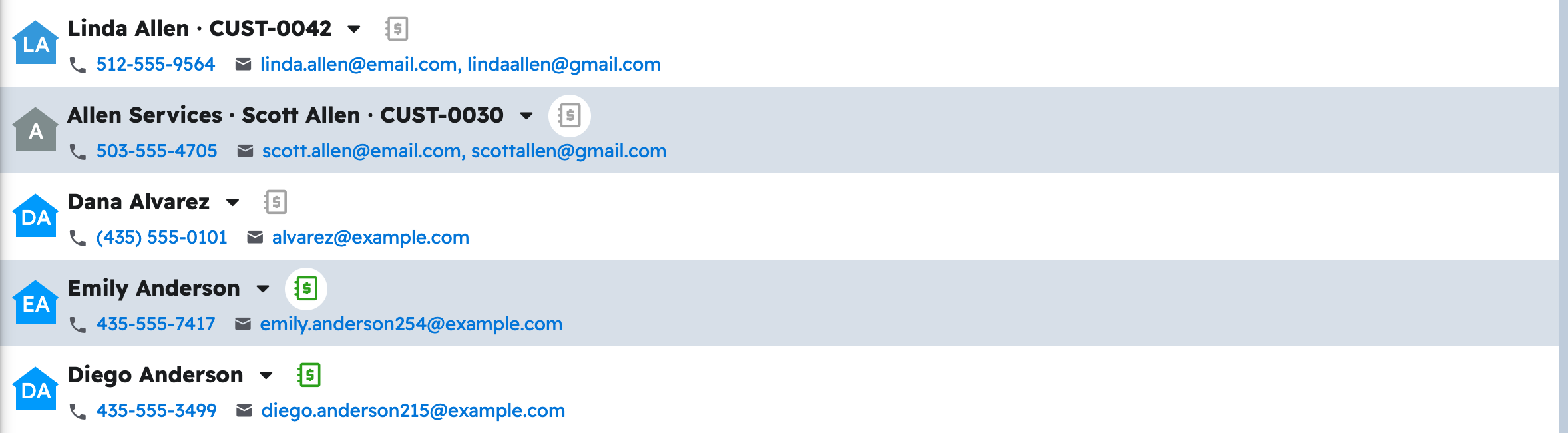 The clients list in projul under