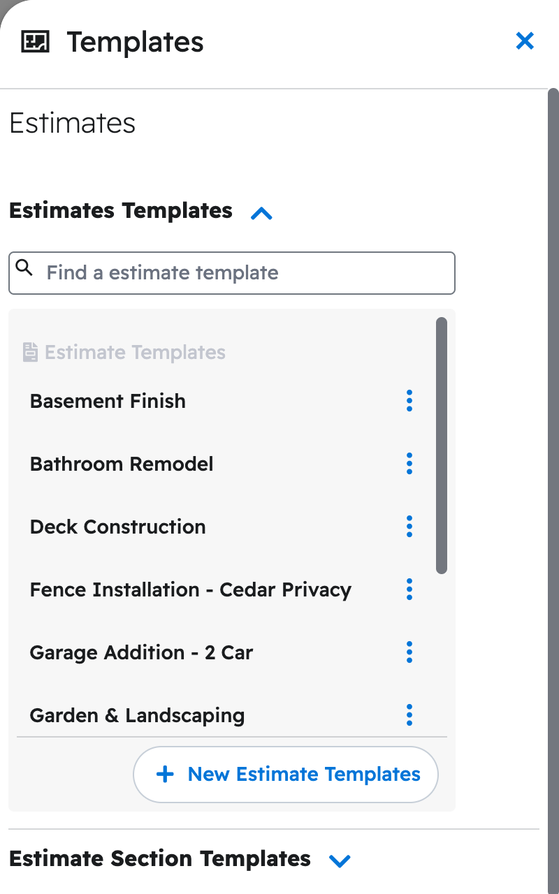 The Templates panel in Projul listing the estimate templates, including one your AI can create or reuse