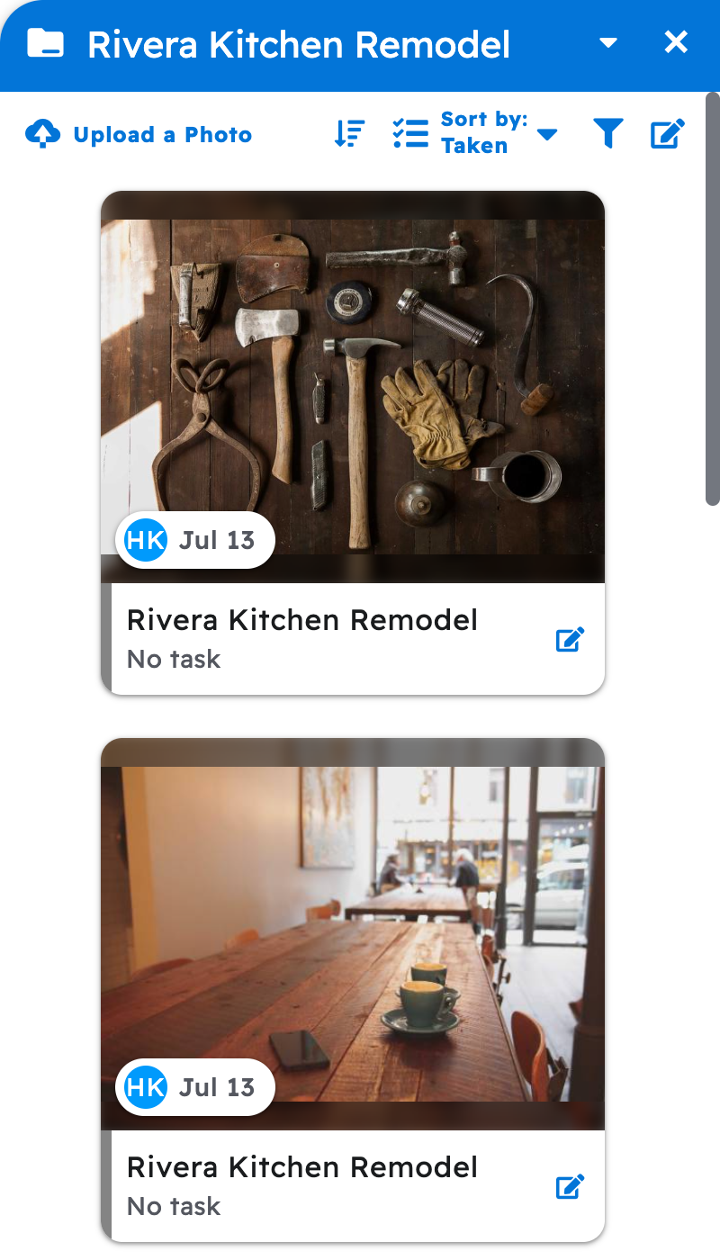 The photos panel for a project in Projul, showing the photos uploaded to that job