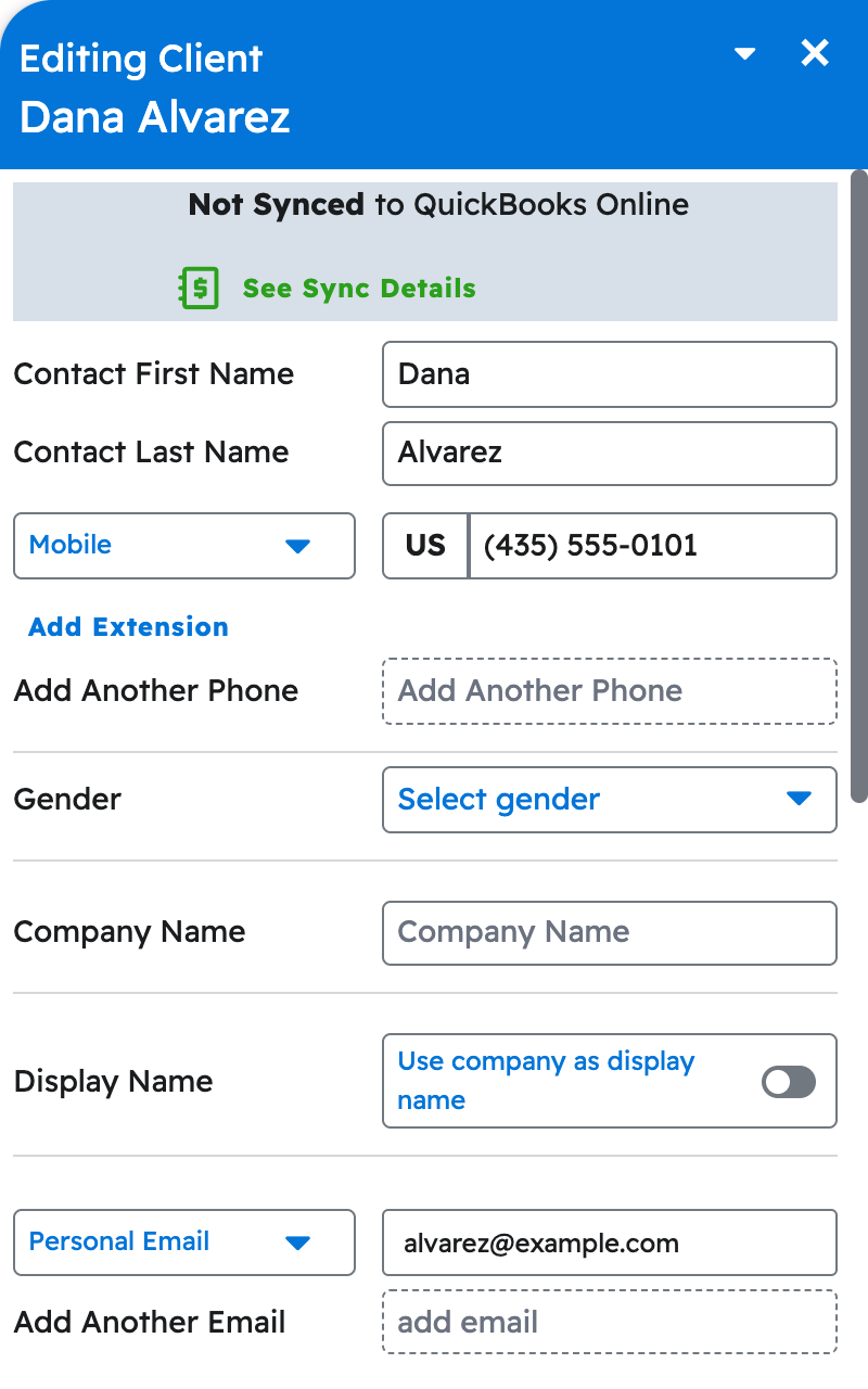 The editing client panel in projul showing the phone number and email your ai updated