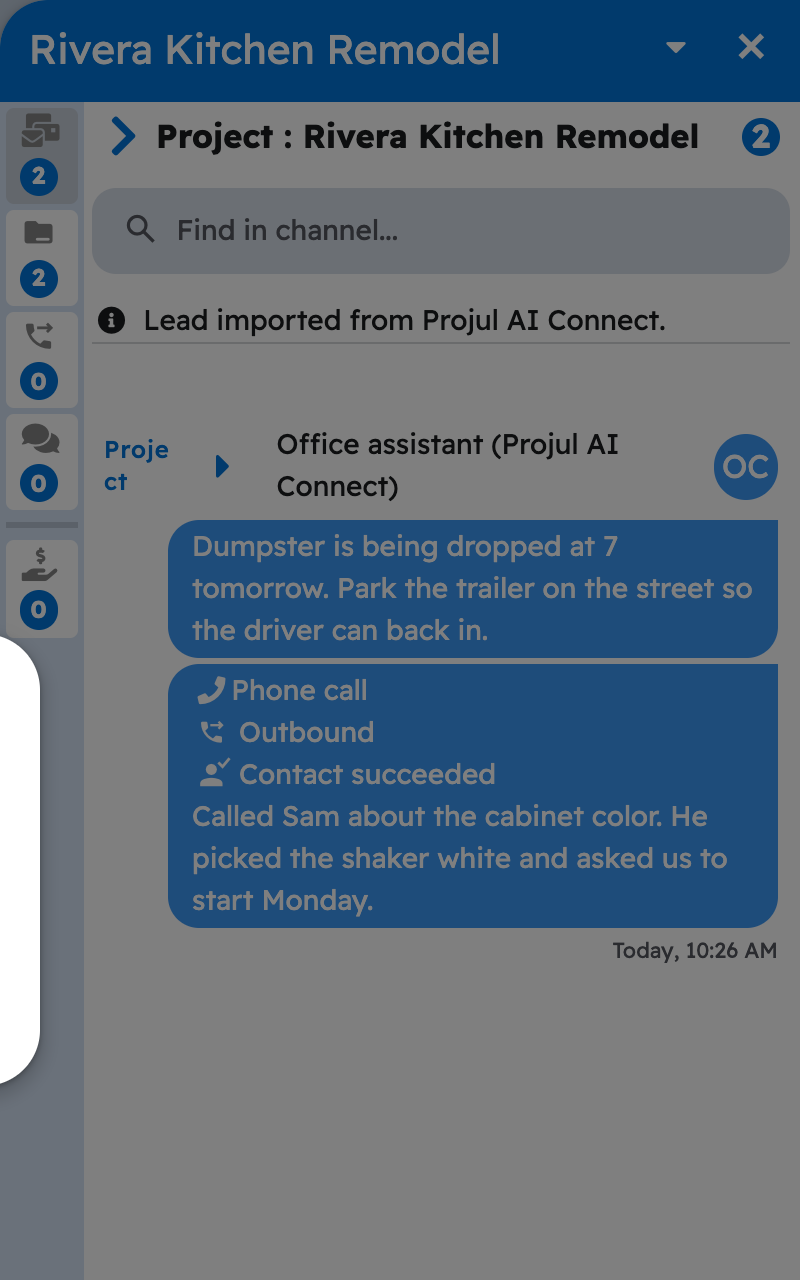 The Messages panel for a project in Projul, showing a message and a logged call written through Projul AI Connect