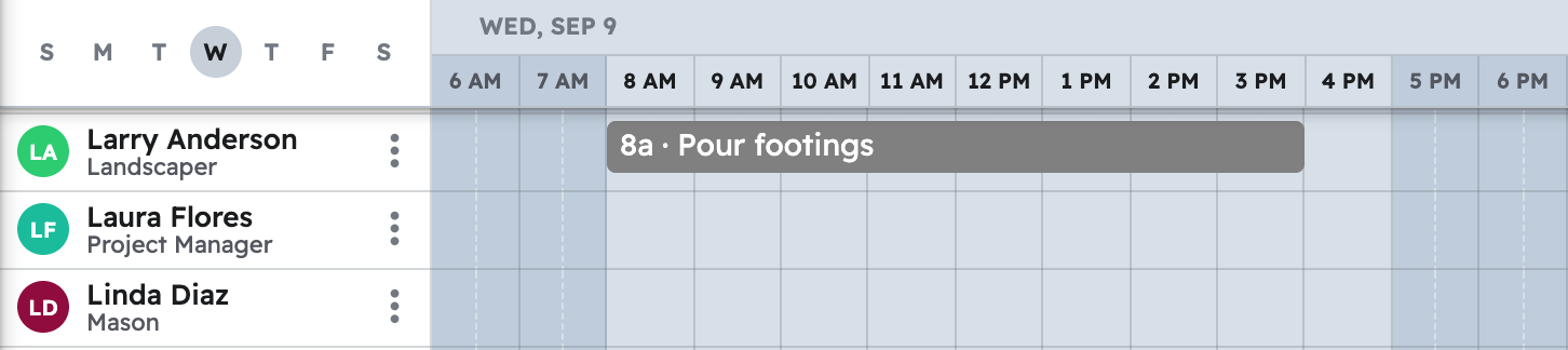 The Schedule in Projul, day view, with a task your AI placed on a crew member's row