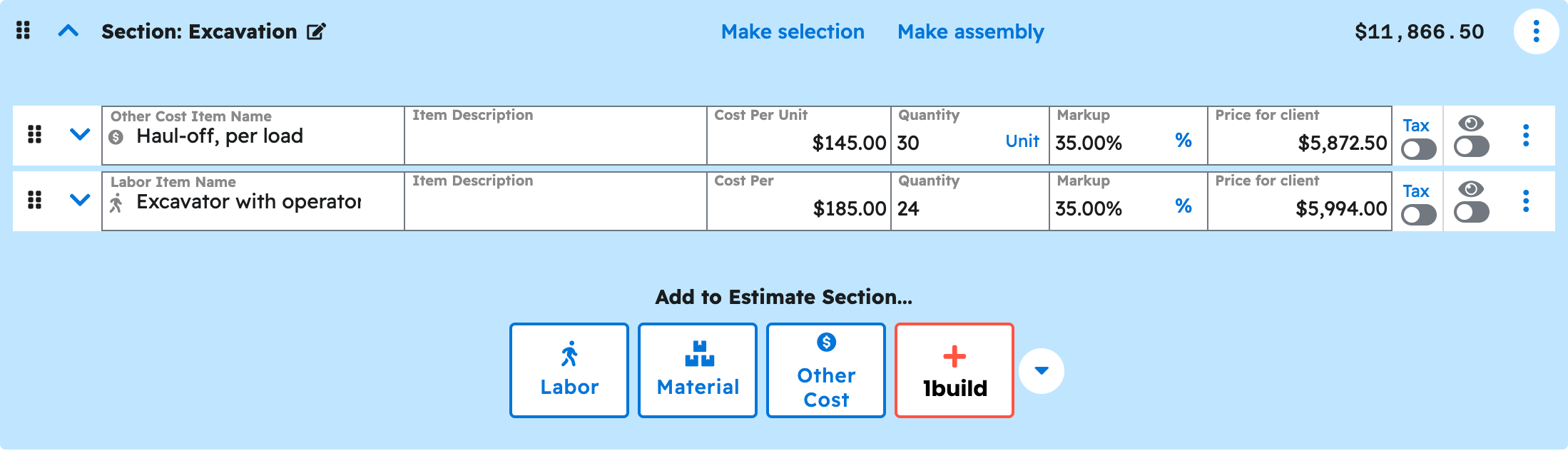 The estimate editor in Projul with the excavation section expanded showing the priced line items your ai added to walkout basement dig estimate
