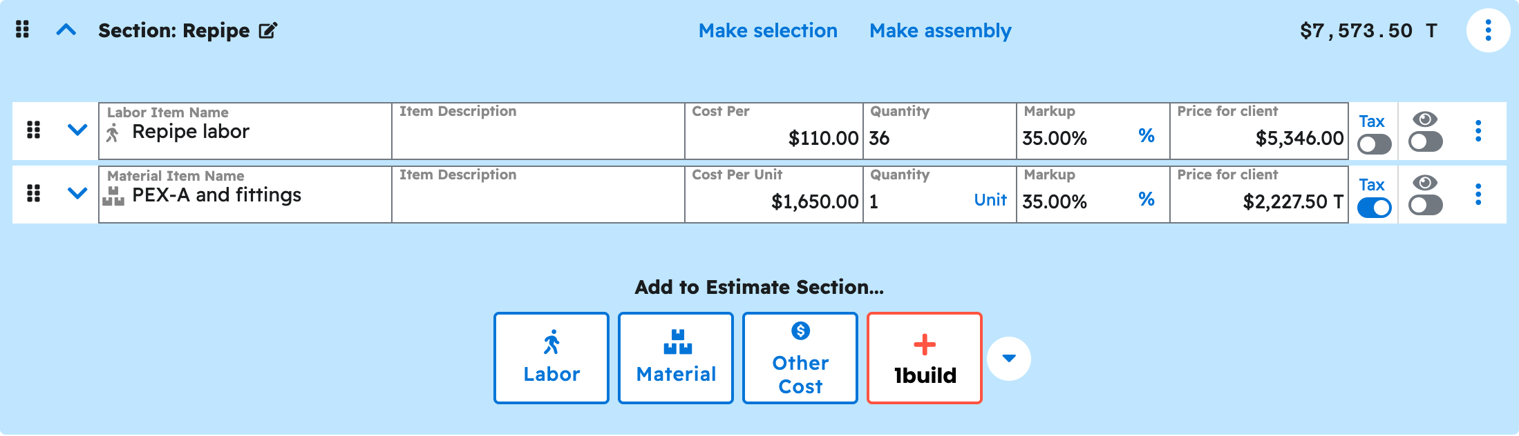 The estimate editor in Projul with the repipe section expanded showing the priced line items your ai added to whole-house estimate