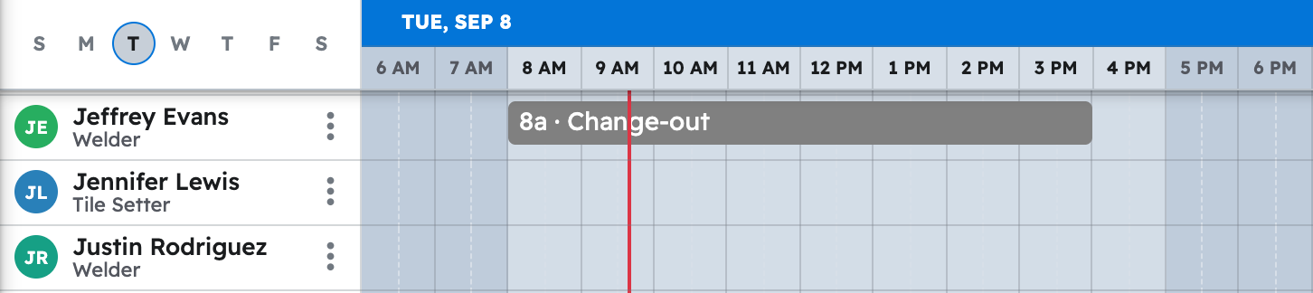 The schedule in projul for the week with first furnace and ac replacement task placed on a crew member day