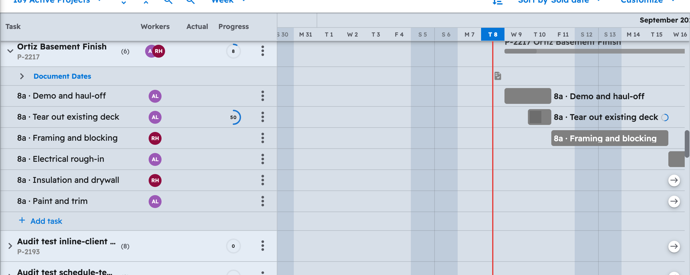 The Gantt view in Projul, where a project expands to show its tasks on their dates