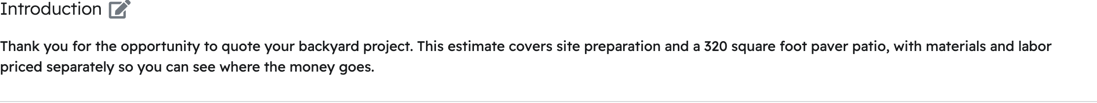 An open estimate in Projul showing the introduction your AI wrote, above the sections