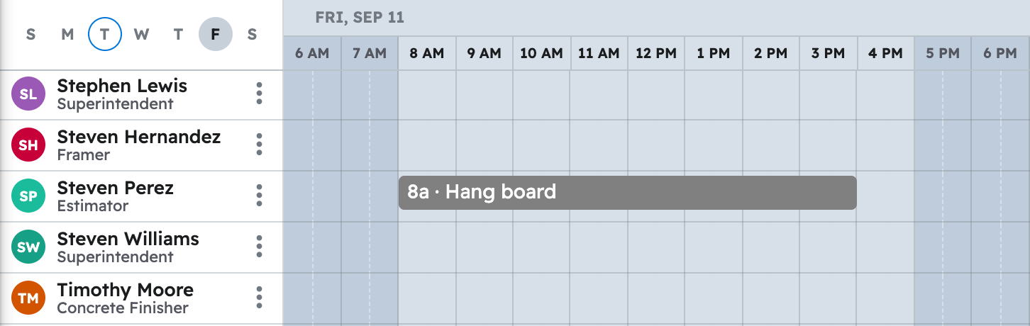 The schedule in projul for the week with first basement finish drywall task placed on a crew member day