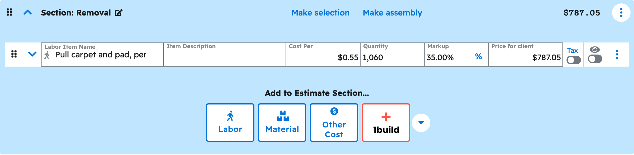 The estimate editor in Projul with the removal section expanded showing the priced line items your ai added to lvp main floor estimate