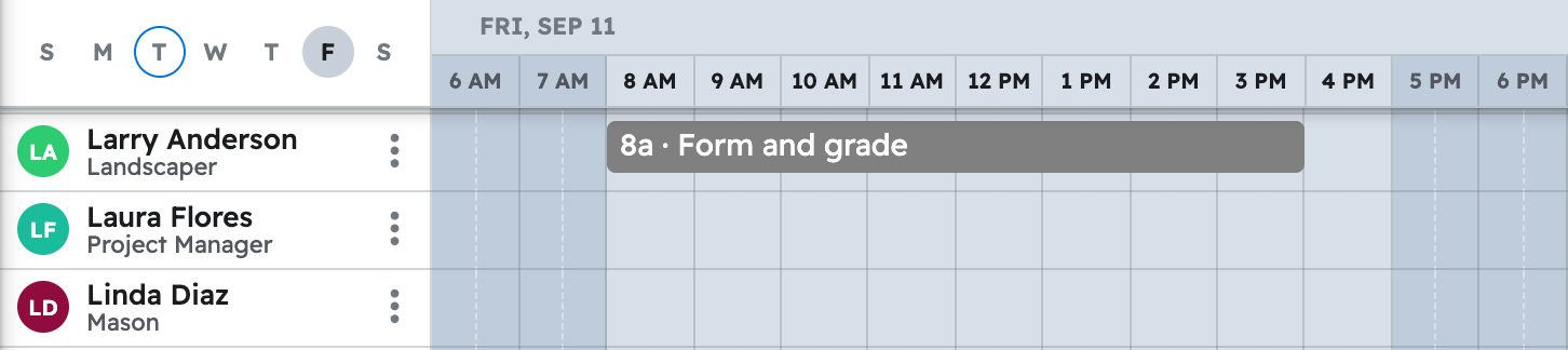 The schedule in projul for the week with first driveway and walk task placed a crew member day