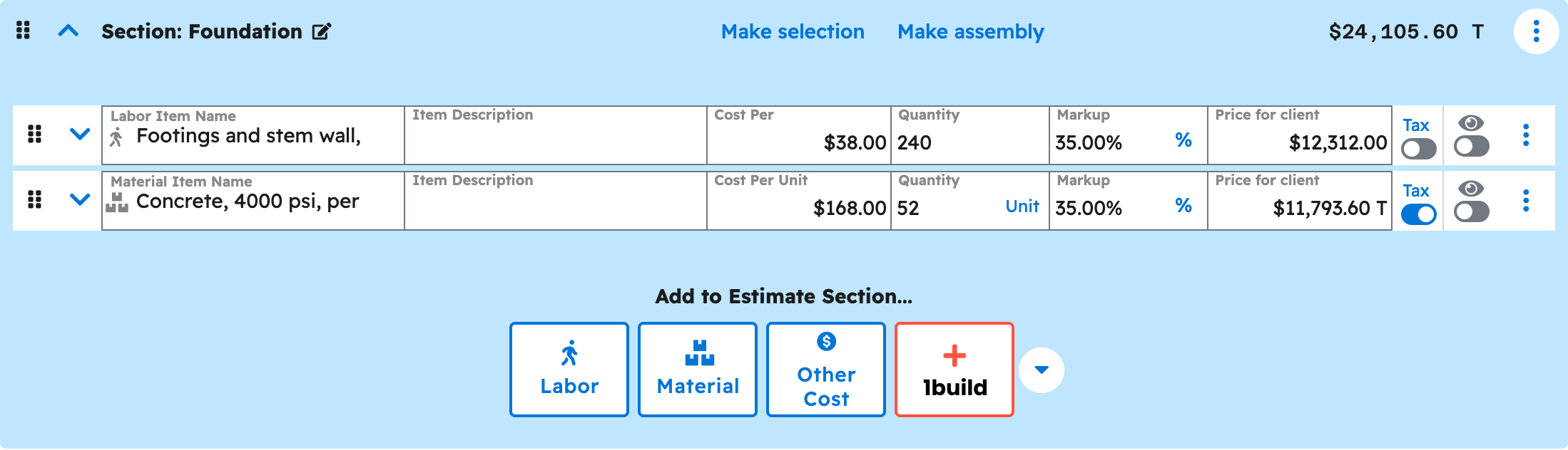 The estimate editor in Projul with the foundation section expanded showing the priced line items your ai added to lot custom home estimate