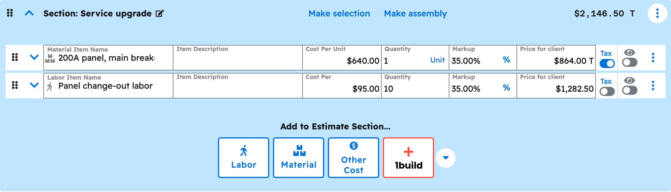 The estimate editor in Projul with the service upgrade section expanded showing the priced line items your ai added to panel and ev charger estimate