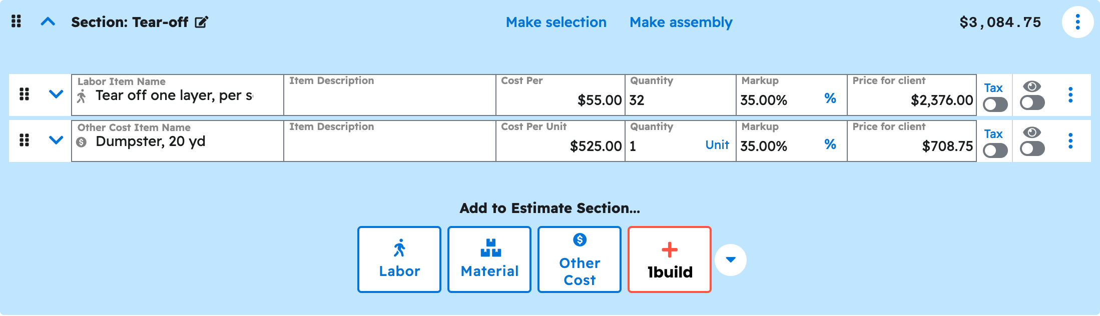 The estimate editor in Projul with the tear-off section expanded showing the priced line items your ai added to roof replacement estimate