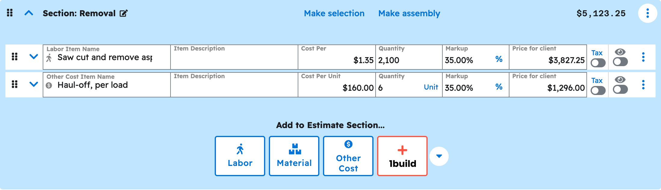 The estimate editor showing priced line items your AI added to a driveway replacement estimate