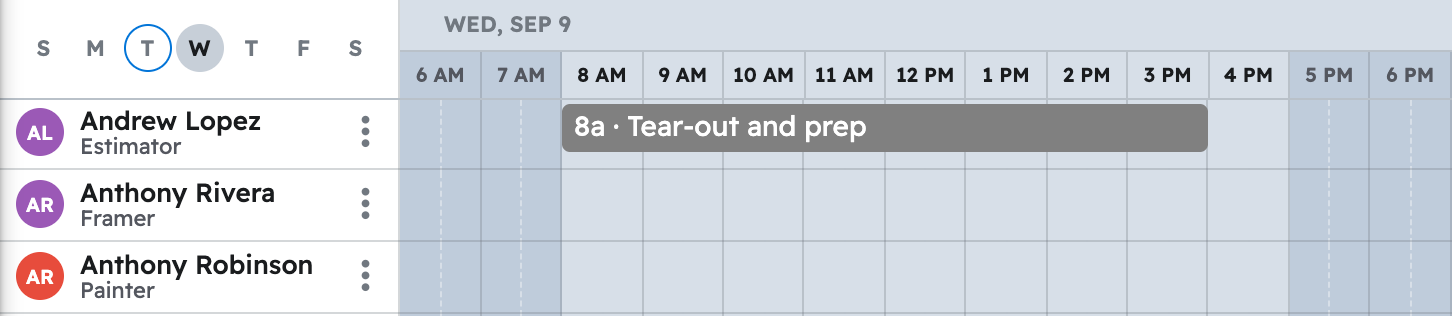 The schedule in projul for the week with first lvp main floor task placed on a crew member day