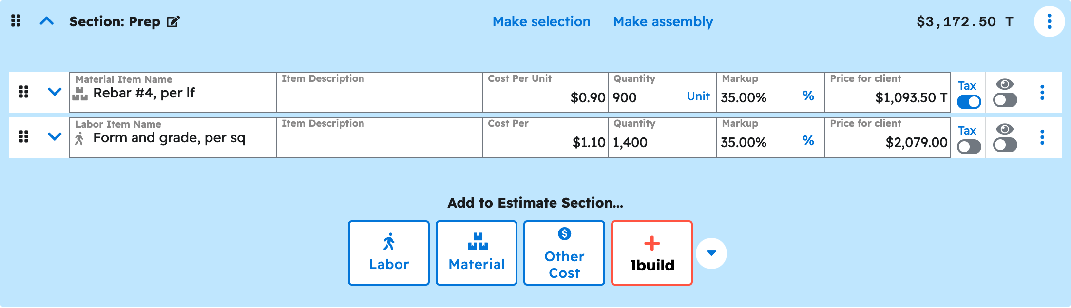 The estimate editor in Projul with the prep section expanded showing the priced line items your ai added to driveway and walk estimate