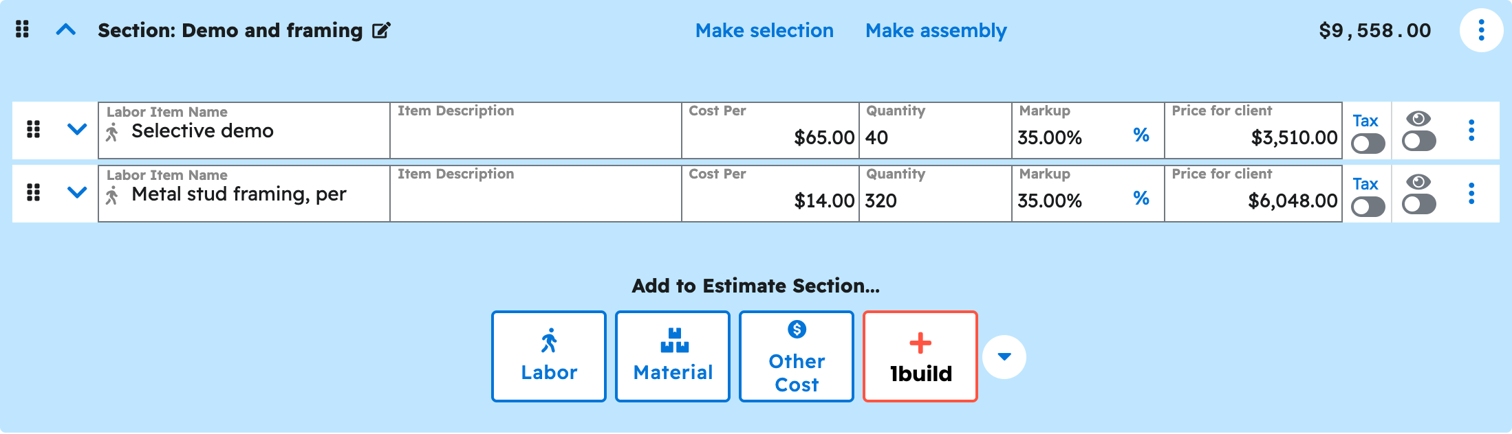 The estimate editor in Projul with the demo and framing section expanded showing the priced line items your ai added to dental suite tenant improvement estimate