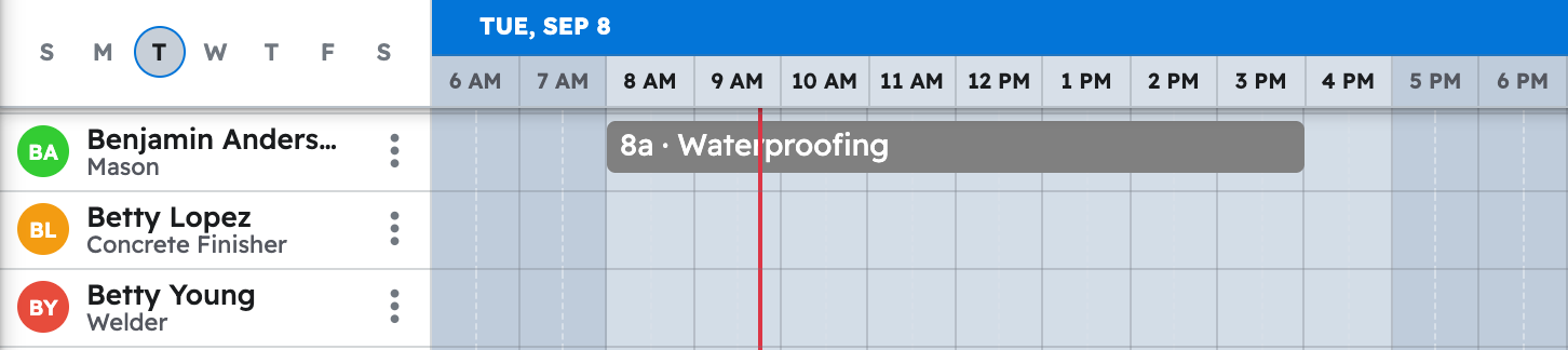 The schedule in projul for the week with first master shower tile task placed on a crew member day