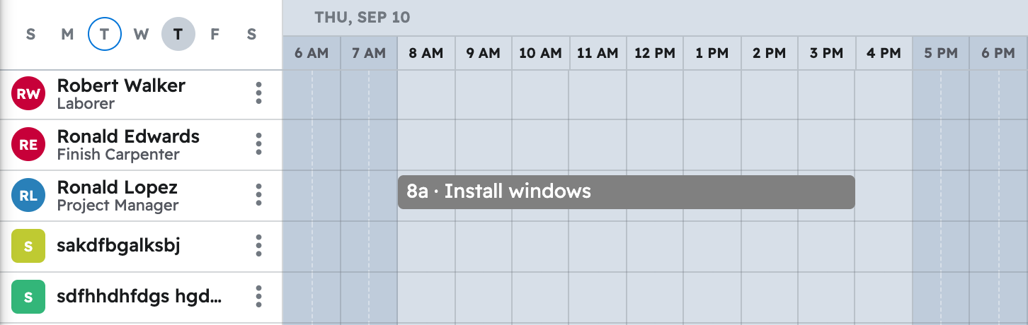 The schedule in projul for the week with first window replacement task placed on a crew member day