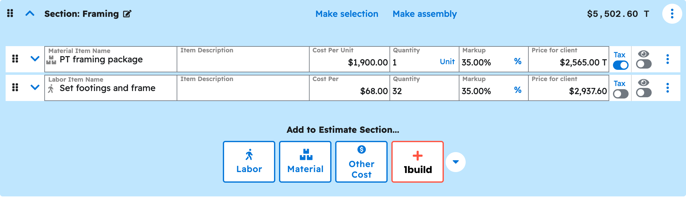 The estimate editor in Projul with the framing section expanded showing the priced line items your ai added to composite deck estimate