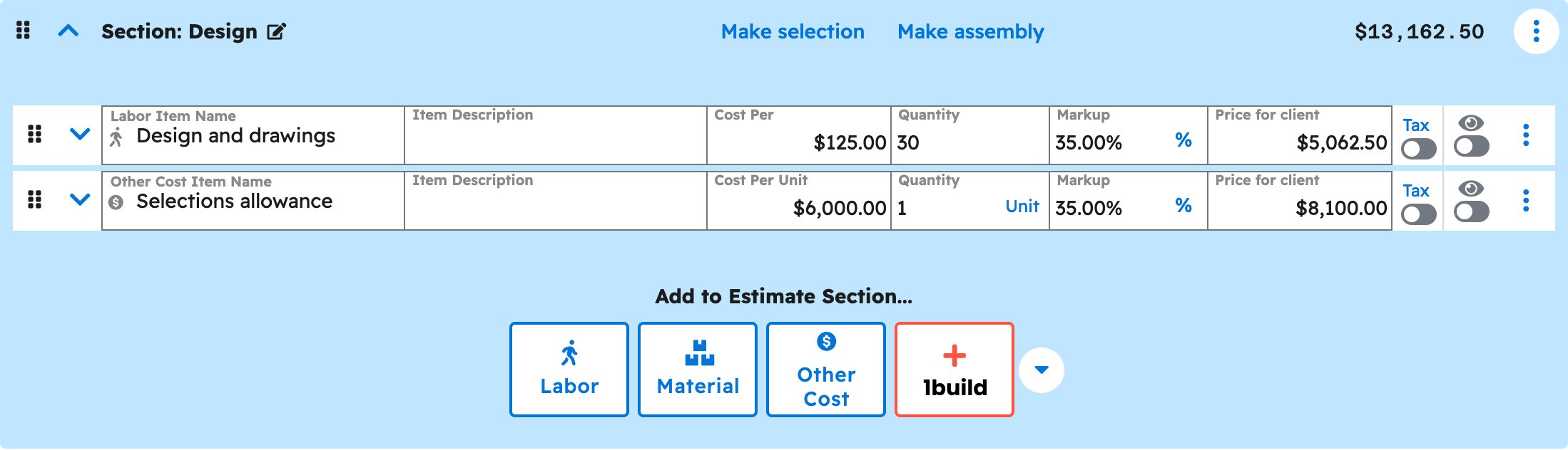 The estimate editor in Projul with the design section expanded showing the priced line items your ai added to kitchen design-build estimate