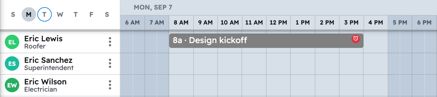 The schedule in projul for the week with first kitchen design-build task placed on a crew member day