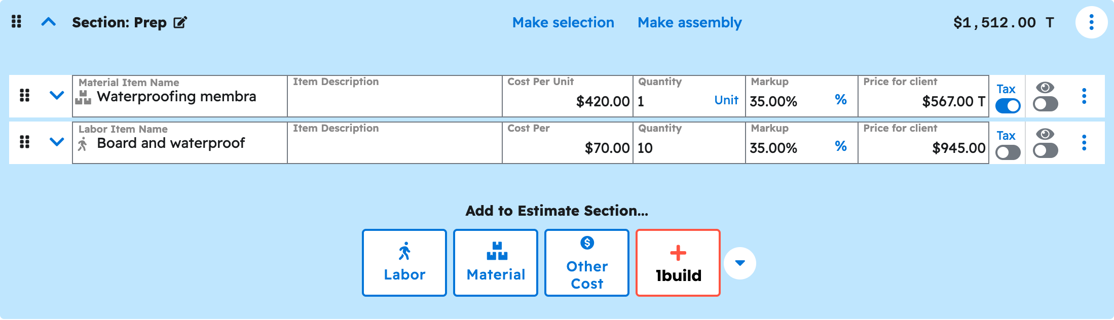The estimate editor in Projul with the prep section expanded showing the priced line items your ai added to master shower tile estimate