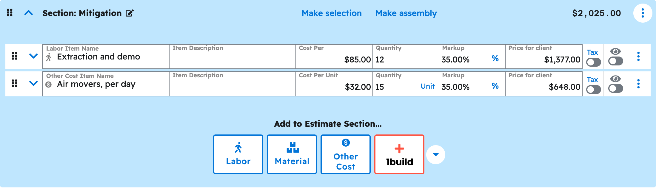 The estimate editor in Projul with the mitigation section expanded showing the priced line items your ai added to kitchen water loss estimate