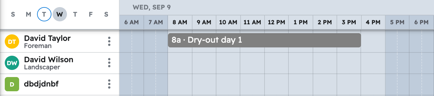 The schedule in projul for the week with first kitchen water loss task placed on a crew member day