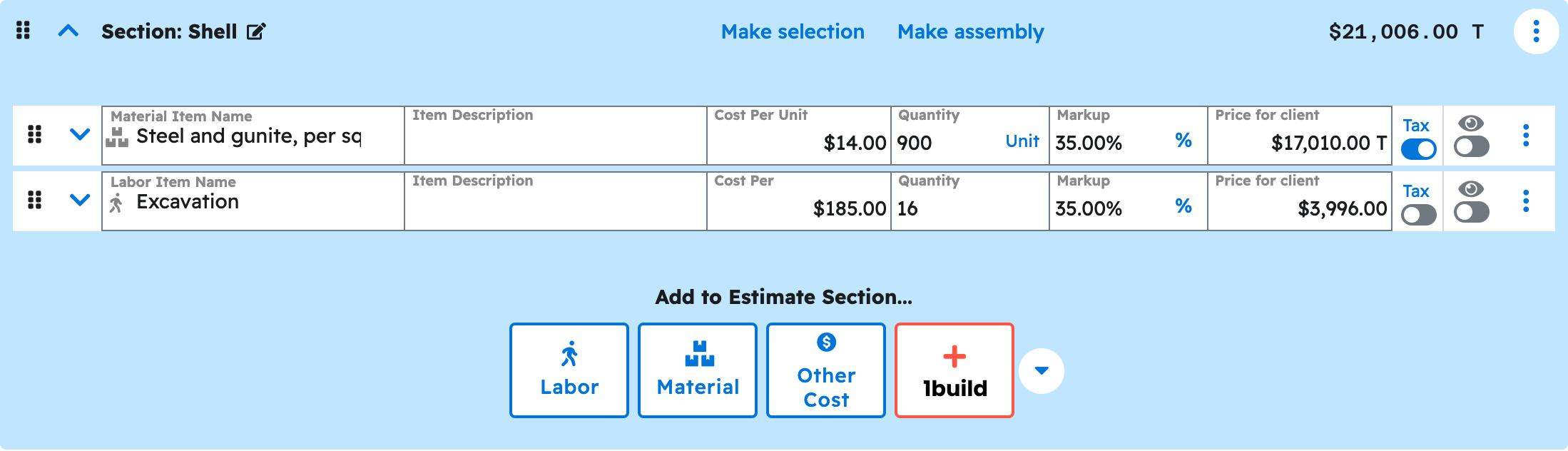 The estimate editor in Projul with the shell section expanded showing the priced line items your ai added to new pool and spa estimate