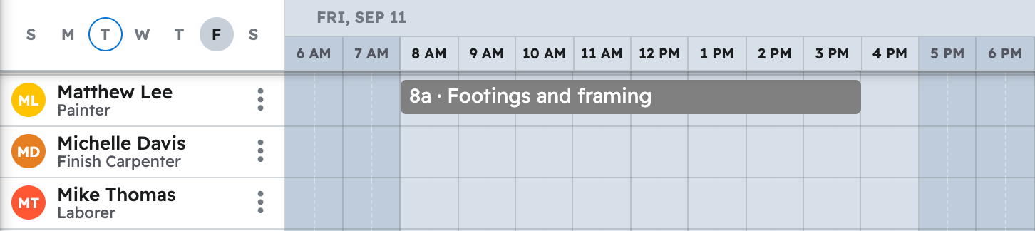 The schedule in projul for the week with first composite deck task placed on a crew member day